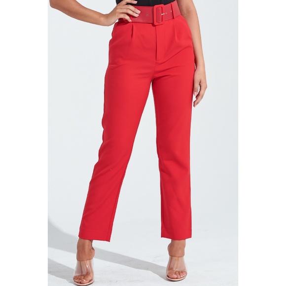High Waist Belted Straight Ankle Pants - Picture 3 of 6